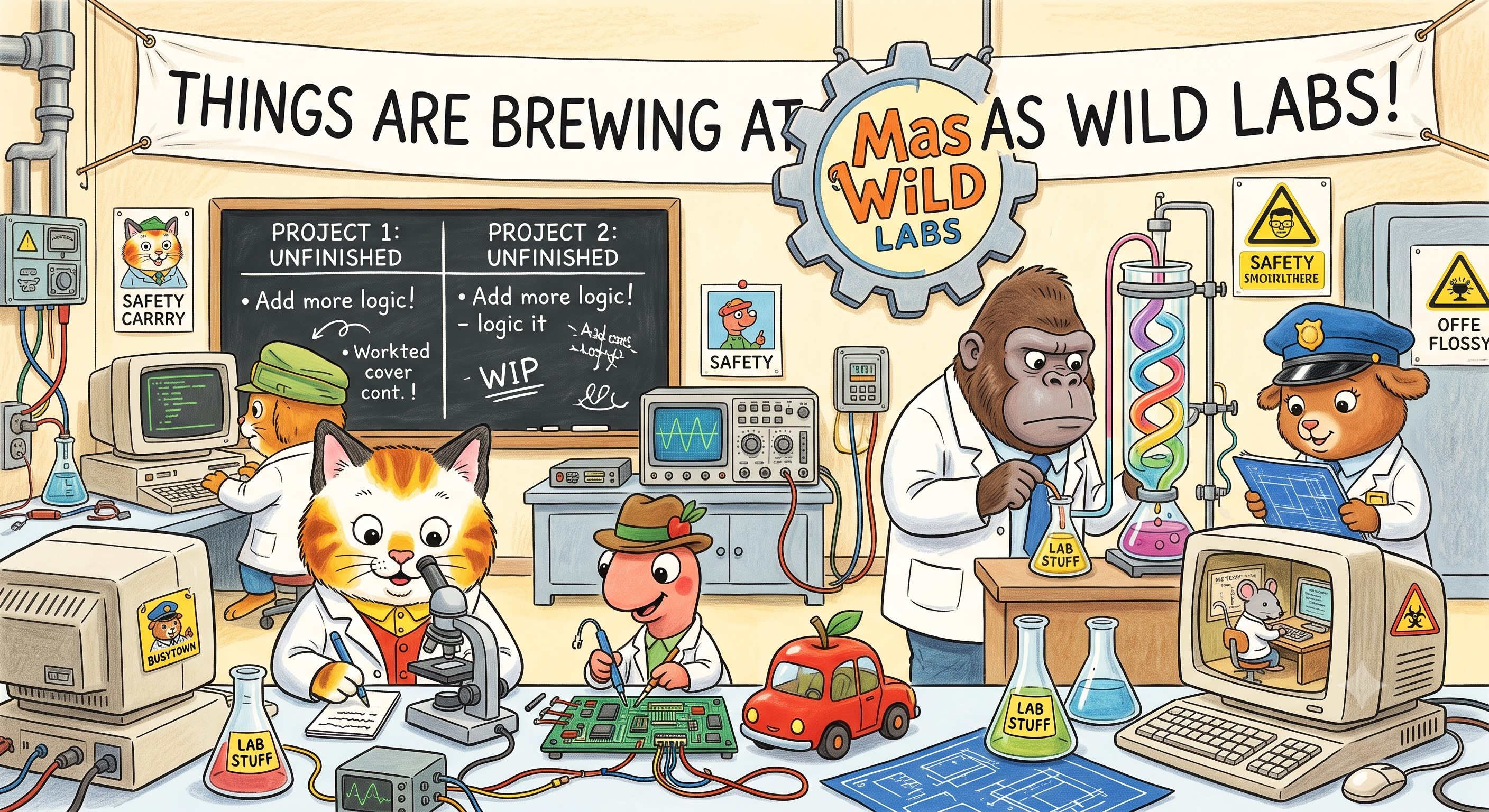 Richard Scarry Busytown crew working in the lab